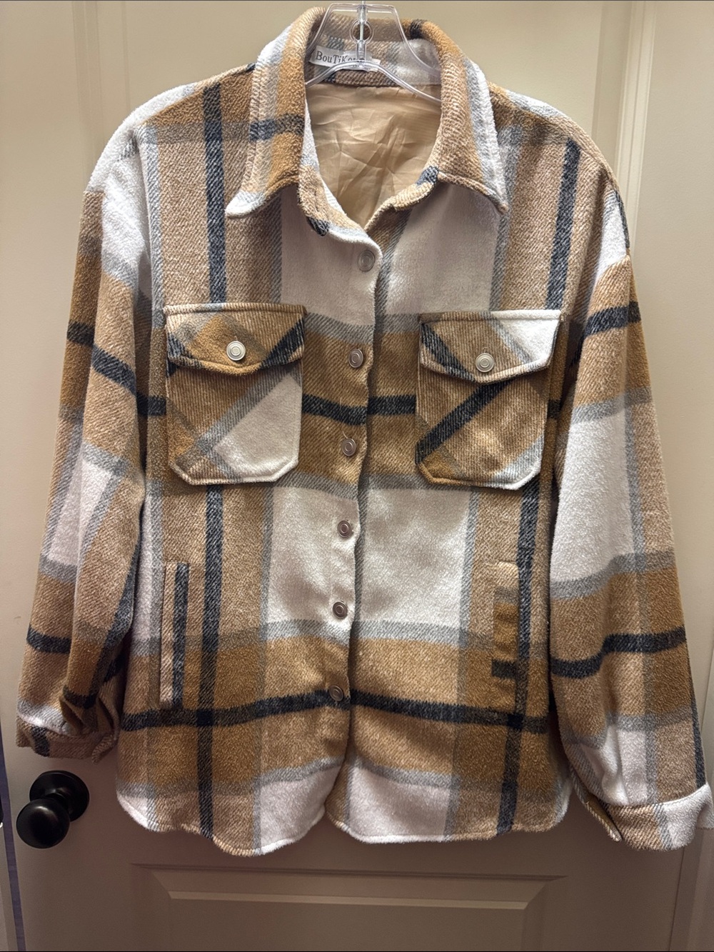 Plaid Utility Shacket Jacket - Tan & Cream